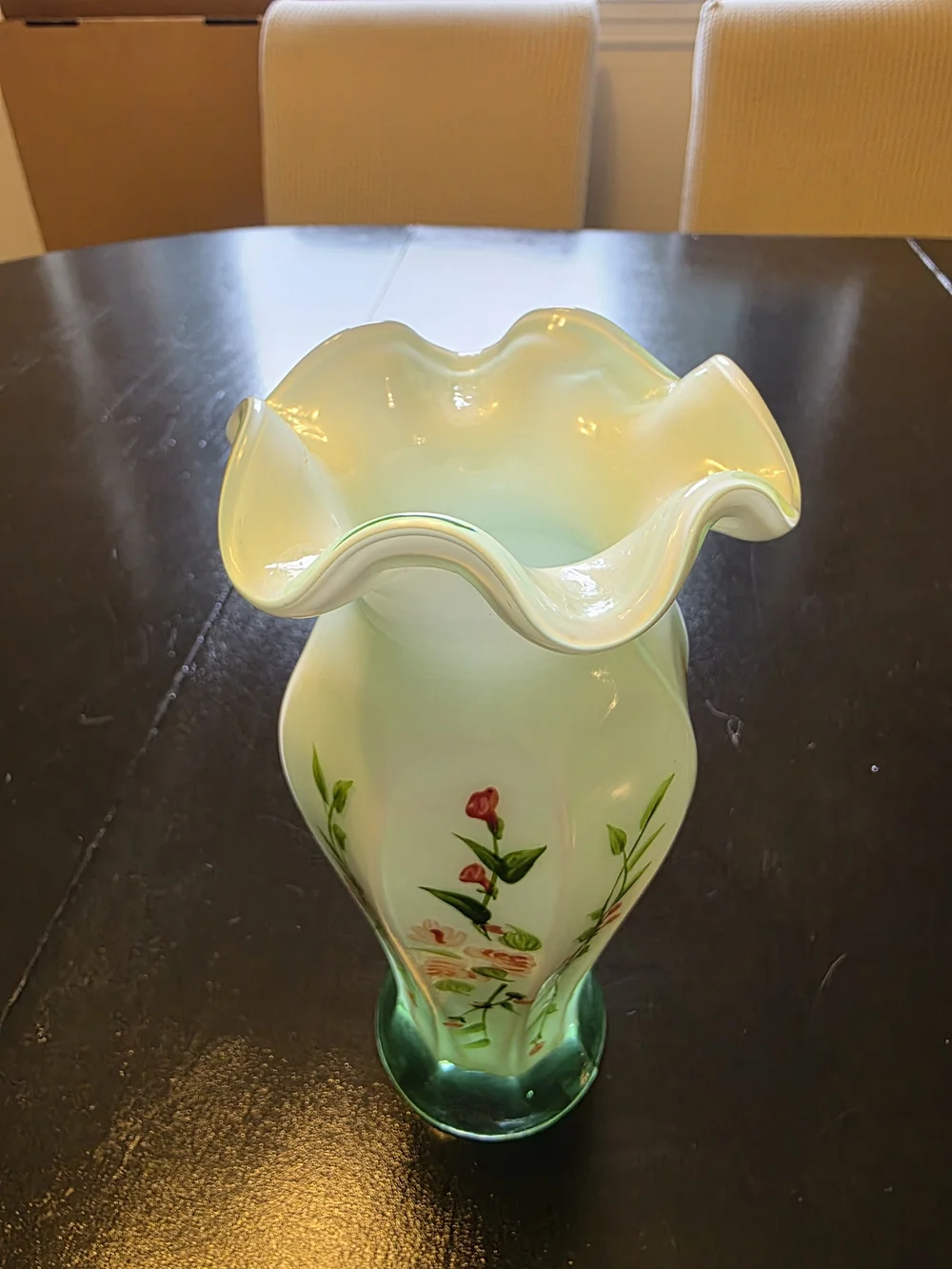 Fenton Opaline Green Cased Glass Ruffle Vintage Floral Hand Painted Roses Vase